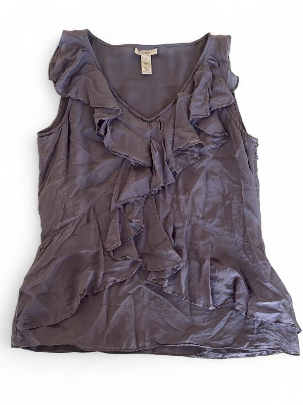 J Crew Purple Gray 100% Silk Ruffle Blouse Women’s Size 2 Feminine